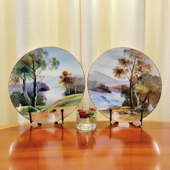 Two UCAGCO China Hand Painted Landscape Plates Gold Trim Japan 1950s Signed Art - Picture 1 of 10